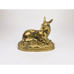 Vintage Solid Brass Deer Figurine Doe And Baby Fawn Animal Sculpture Display MCM